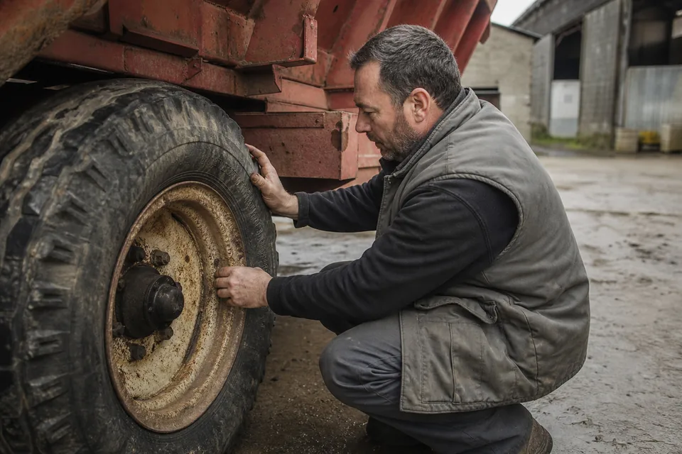 Rolnik sprawdza ogumienie i hamulce maszyny rolniczej na podwórzu gospodarstwa