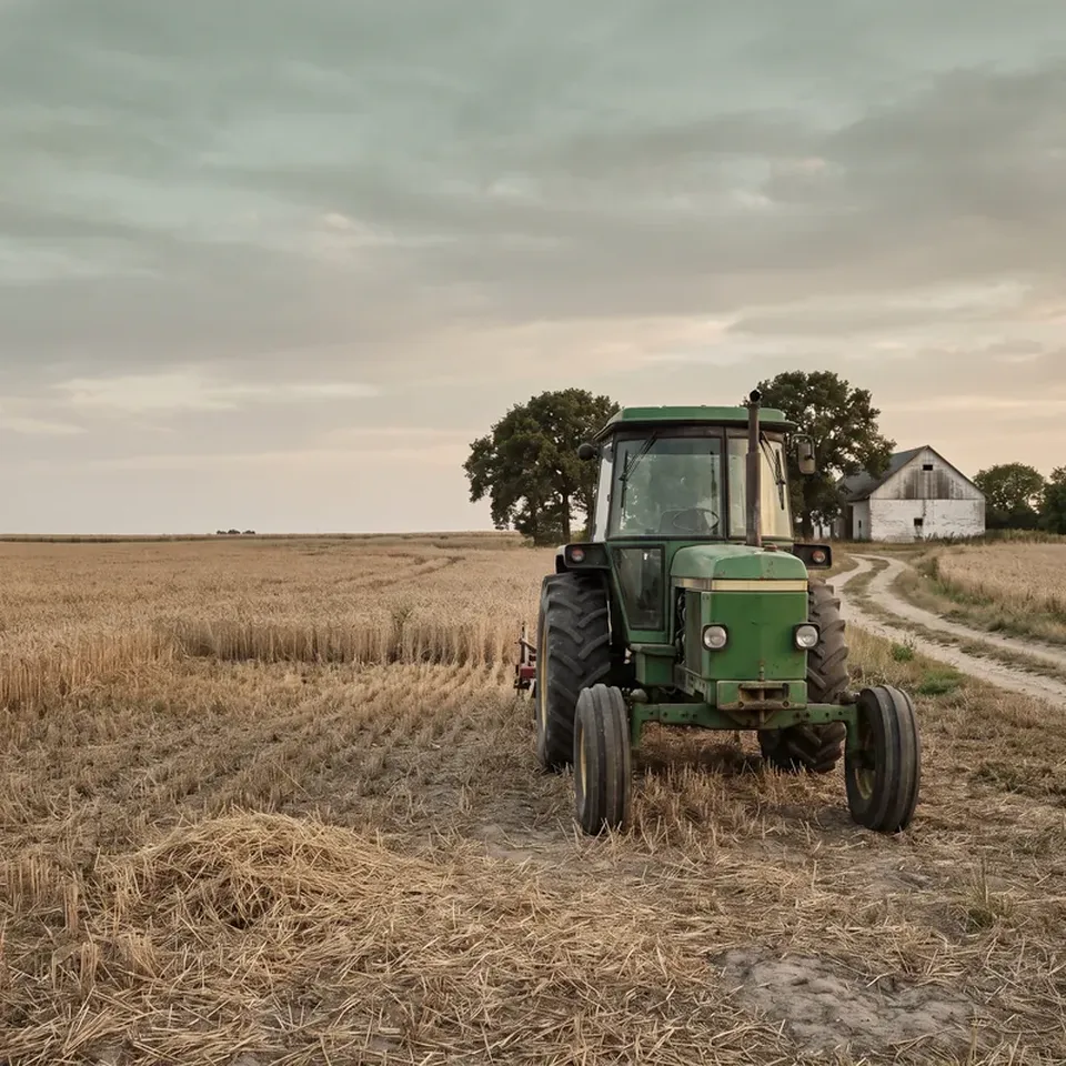 Ciągnik na ściernisku po żniwach, w tle stodoła